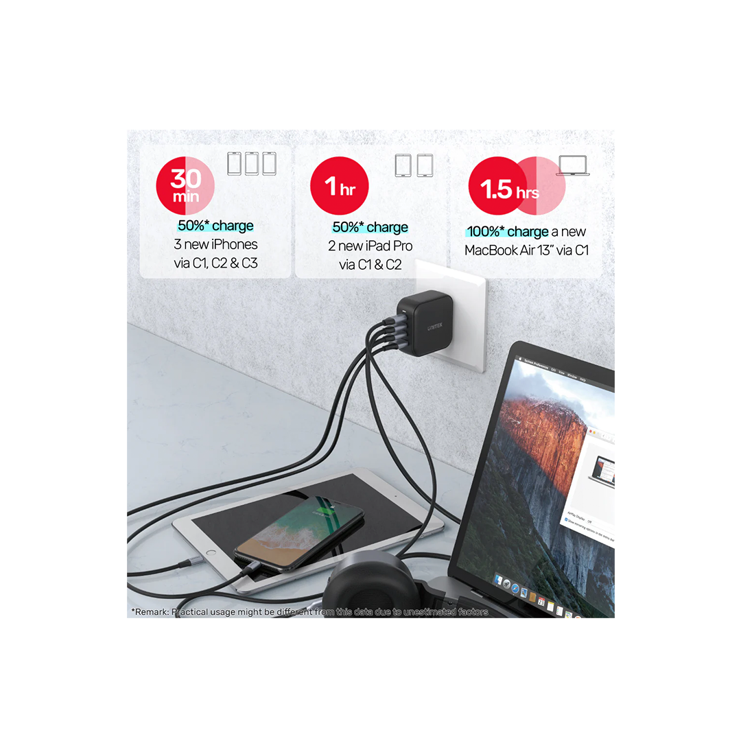 Unitek TRAVEL QUAD GaN 4 Ports 100W Charger with USB PD and QC 3.0 in Black (Travel Charger) in Qatar Unitek TRAVEL QUAD GaN 4 Ports 100W Charger with USB PD and QC 3.0 in Black (Travel Charger) in Qatar